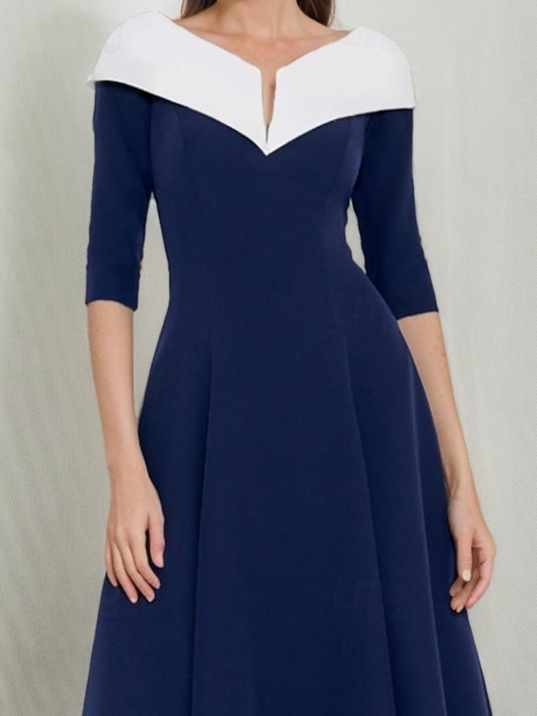 A-Line/Princess V-Neck Half Sleeves Tea-Length Mother of the Bride Dresses with Pleats