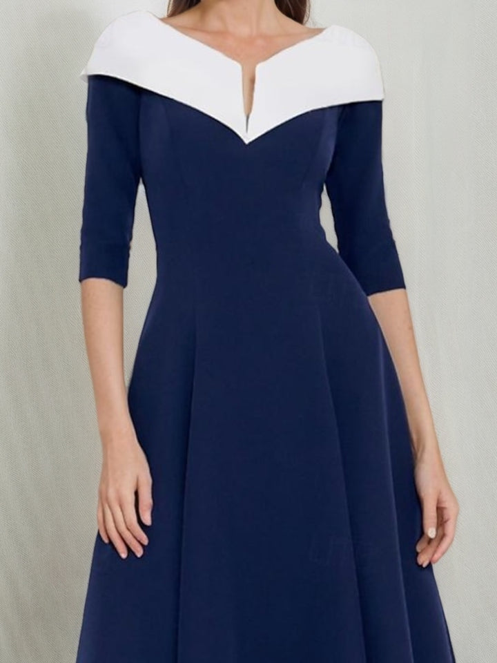 A-Line/Princess V-Neck Half Sleeves Tea-Length Mother of the Bride Dresses with Pleats