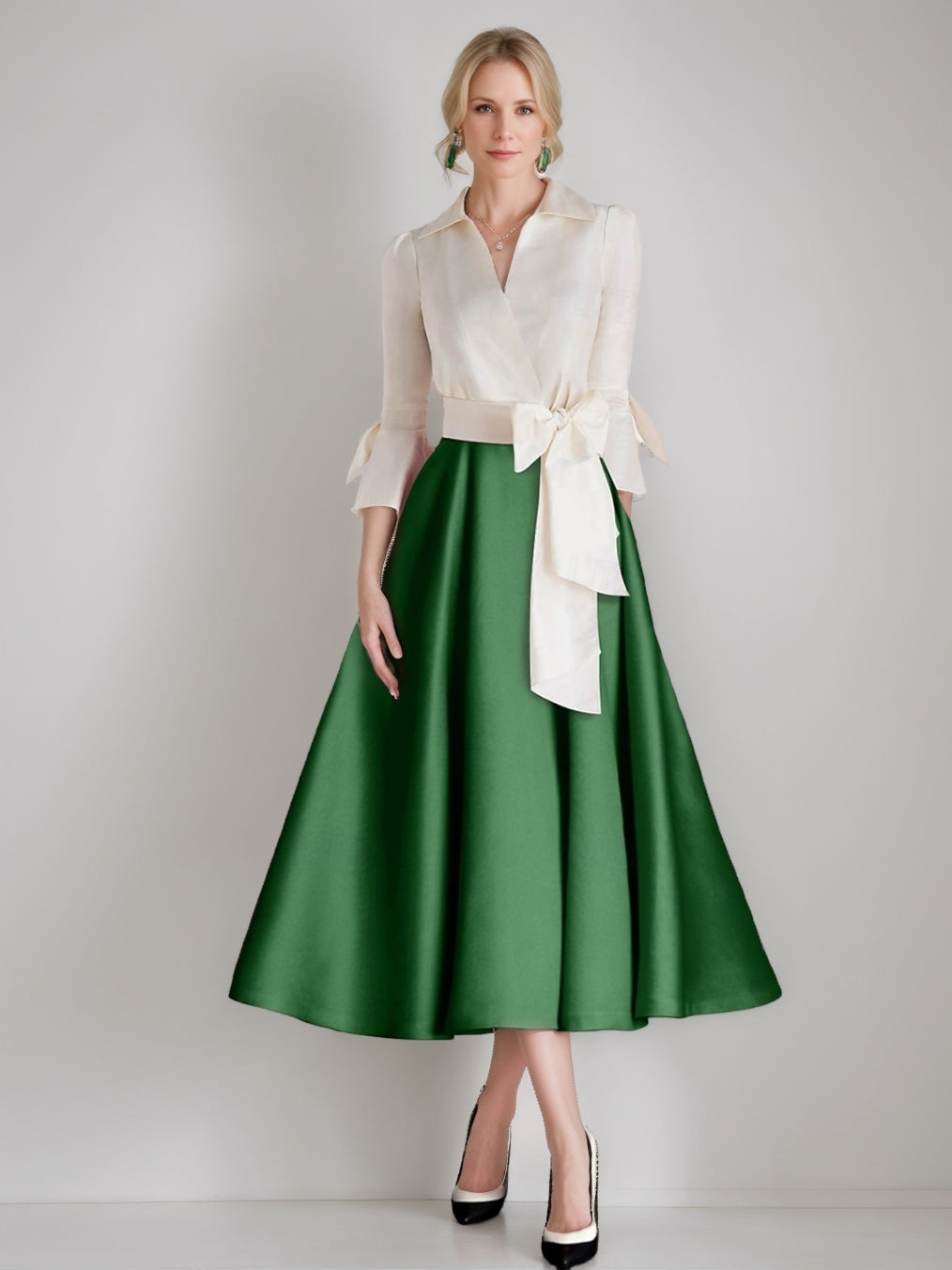 A-Line/Princess Shirt Collar 3/4 Sleeves Tea-Length Pleated Mother of the Bride Dresses with Sash & Bows