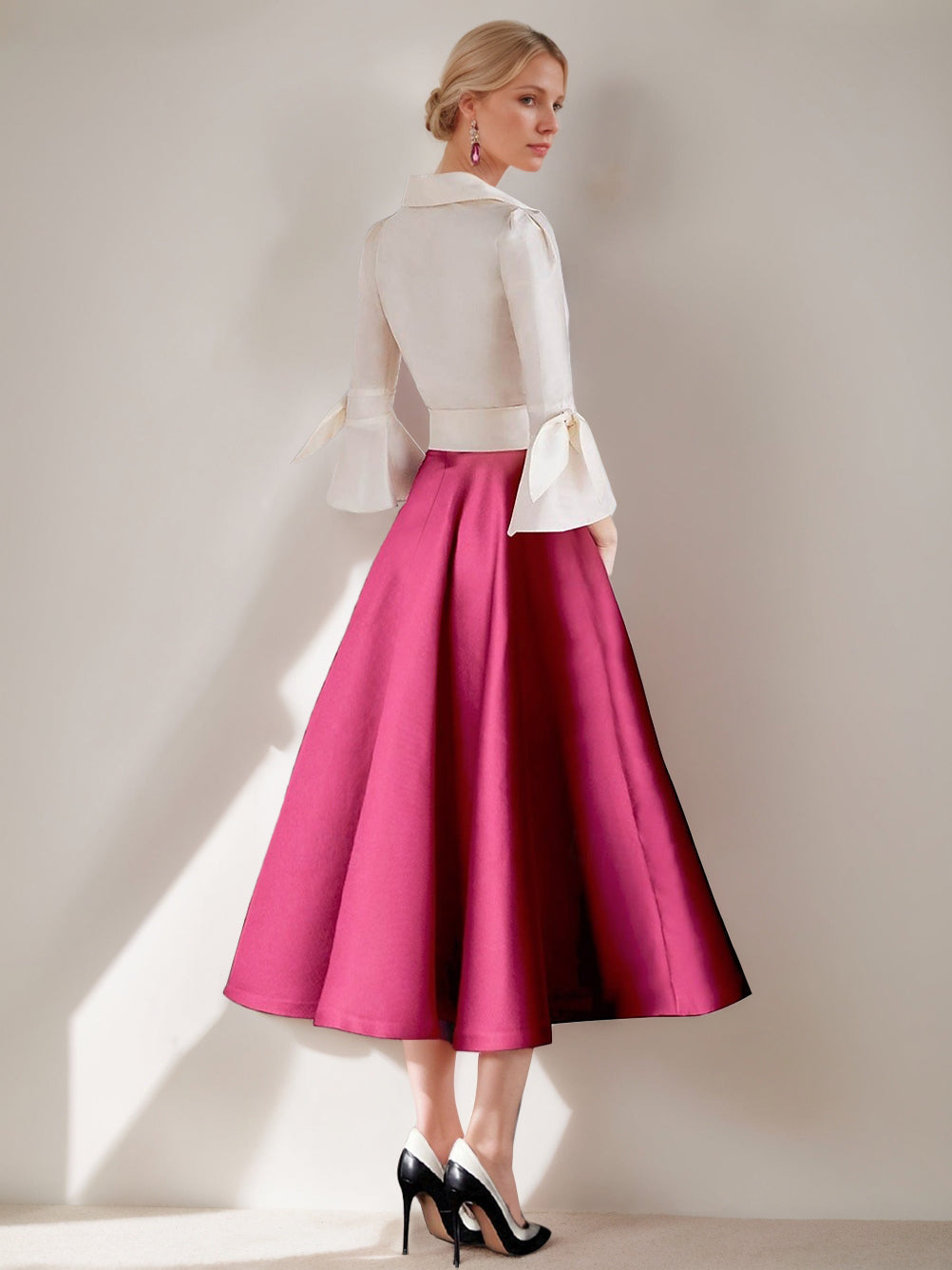 A-Line/Princess Shirt Collar 3/4 Sleeves Tea-Length Pleated Mother of the Bride Dresses with Sash & Bows