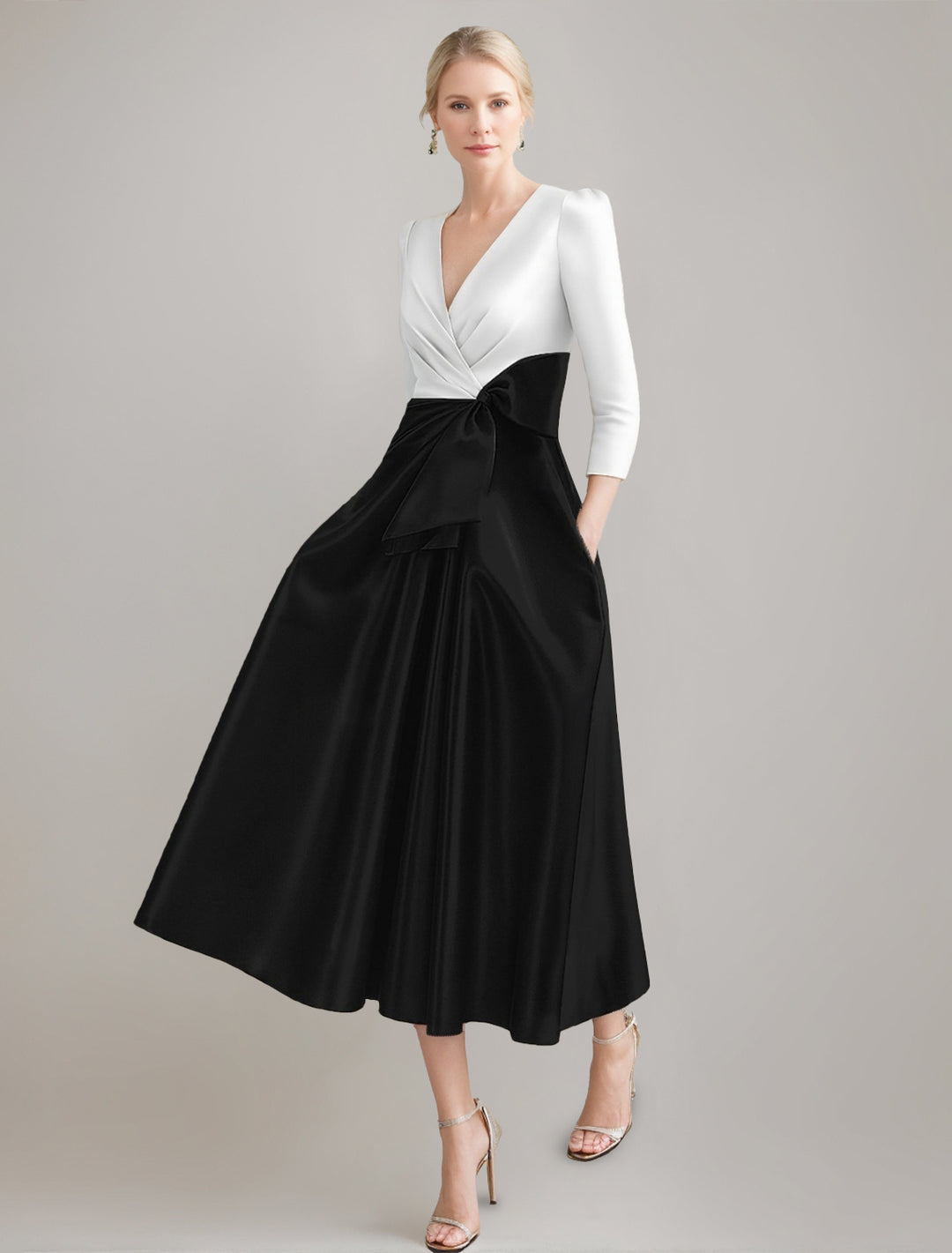 A-Line/Princess V-neck 3/4 Sleeves Pleated Tea-Length Ruched Mother of the Bride Dresses with Bow & Pocket