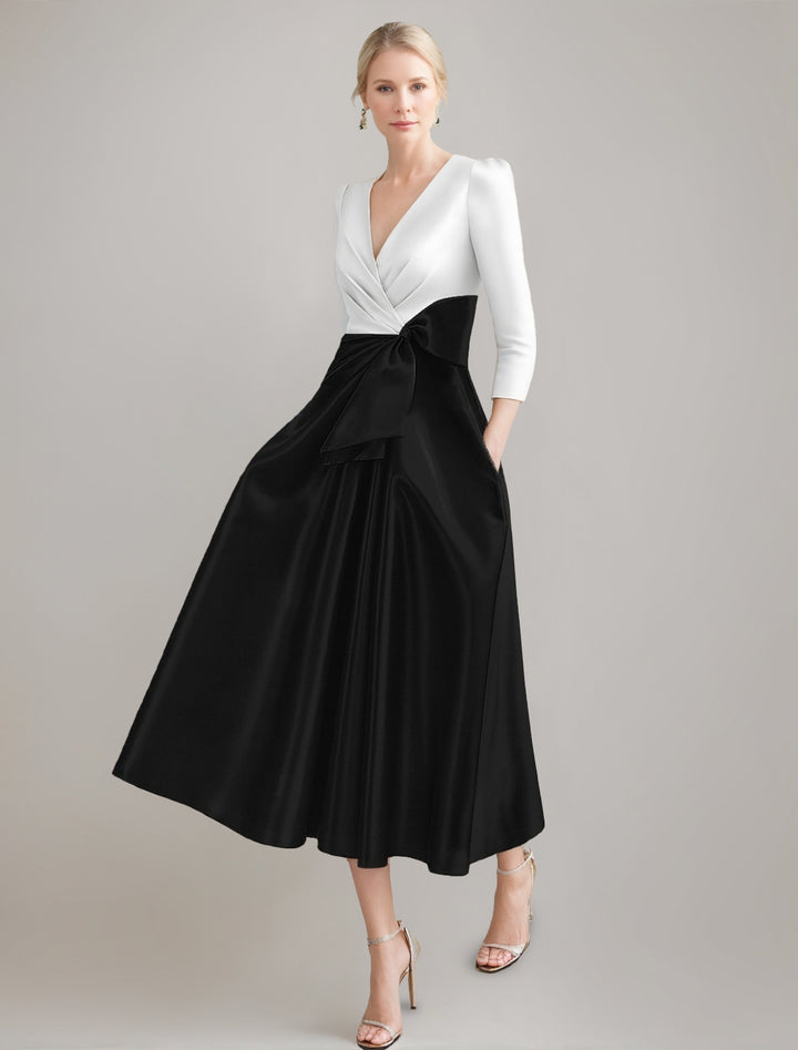 A-Line/Princess V-neck 3/4 Sleeves Pleated Tea-Length Ruched Mother of the Bride Dresses with Bow & Pocket