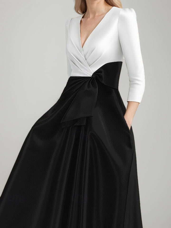 A-Line/Princess V-neck 3/4 Sleeves Pleated Tea-Length Ruched Mother of the Bride Dresses with Bow & Pocket