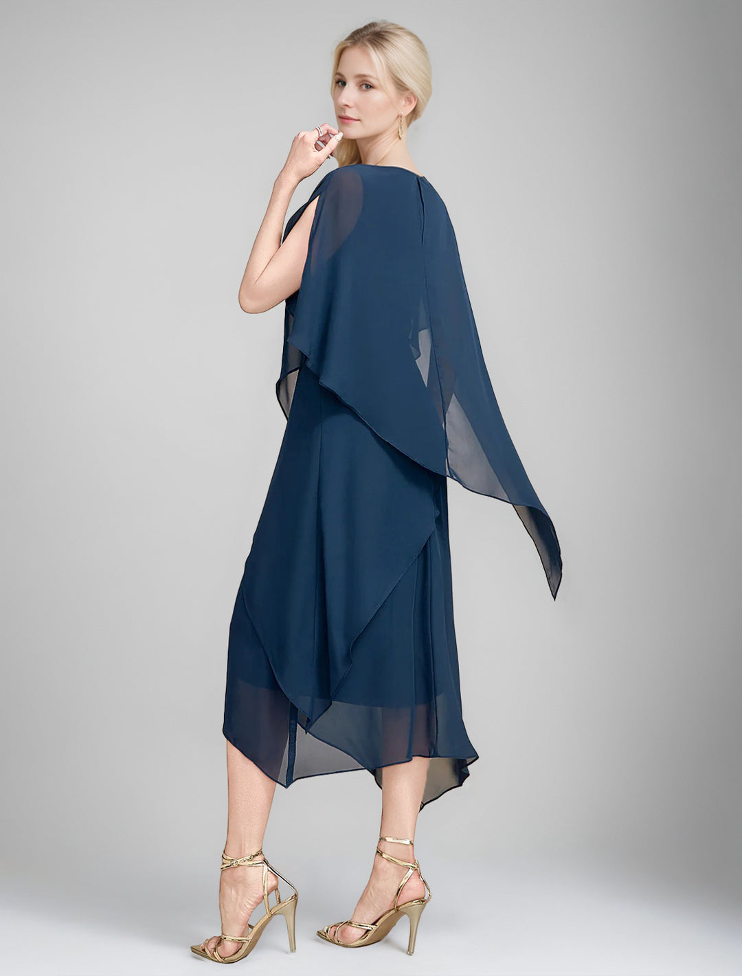 A-Line/Princess Jewel Neck Cape Sleeves Asymmetrical Mother of the Bride Dresses