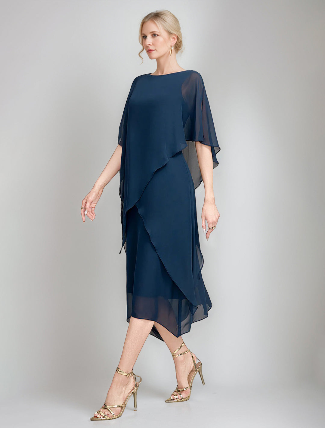 A-Line/Princess Jewel Neck Cape Sleeves Asymmetrical Mother of the Bride Dresses