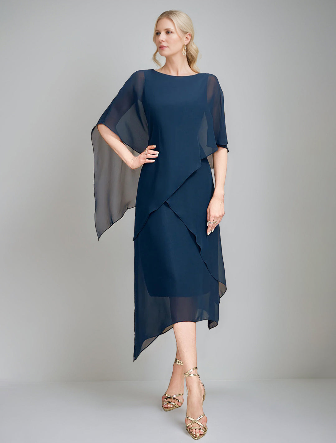 A-Line/Princess Jewel Neck Cape Sleeves Asymmetrical Mother of the Bride Dresses