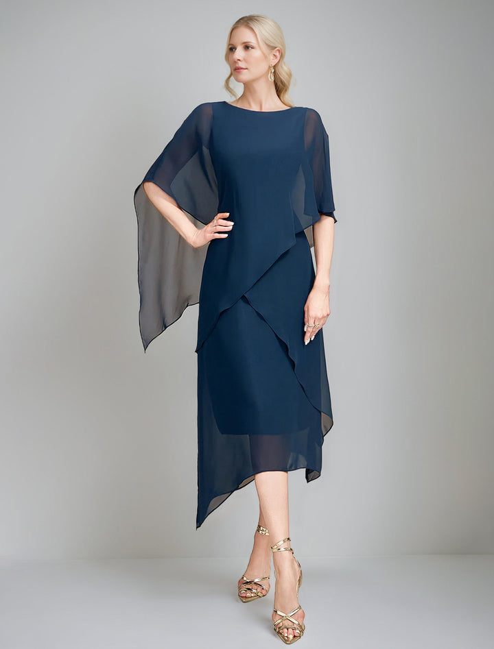 A-Line/Princess Jewel Neck Cape Sleeves Asymmetrical Mother of the Bride Dresses