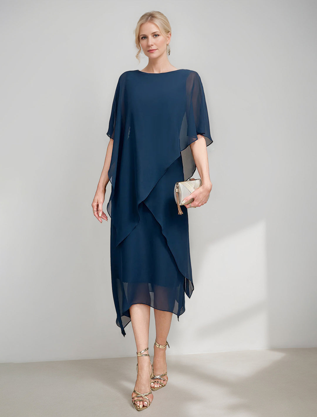 A-Line/Princess Jewel Neck Cape Sleeves Asymmetrical Mother of the Bride Dresses
