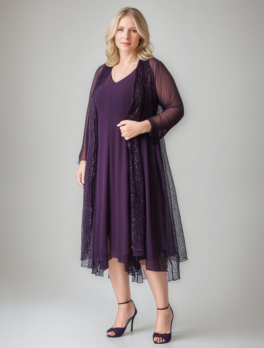 A-Line/Princess V-neck Sleeveless Asymmetrical Mother of the Bride Dresses with Sheer Sparkle Long Jacket