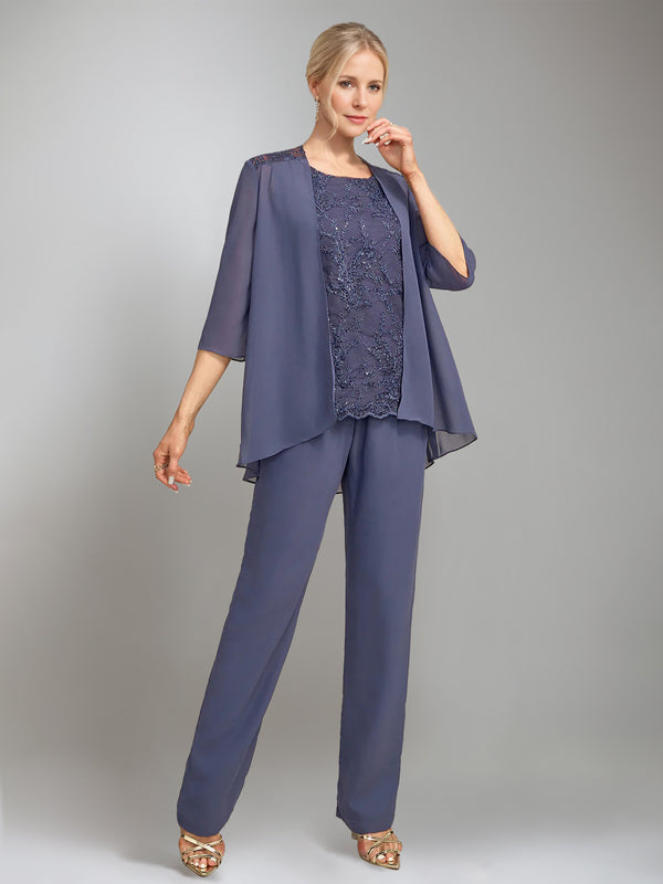 3 Pieces Scoop Sleeveless Floor-Length Mother of the Bride Pantsuits with Jacket