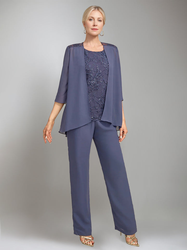 3 Pieces Scoop Sleeveless Floor-Length Mother of the Bride Pantsuits with Jacket