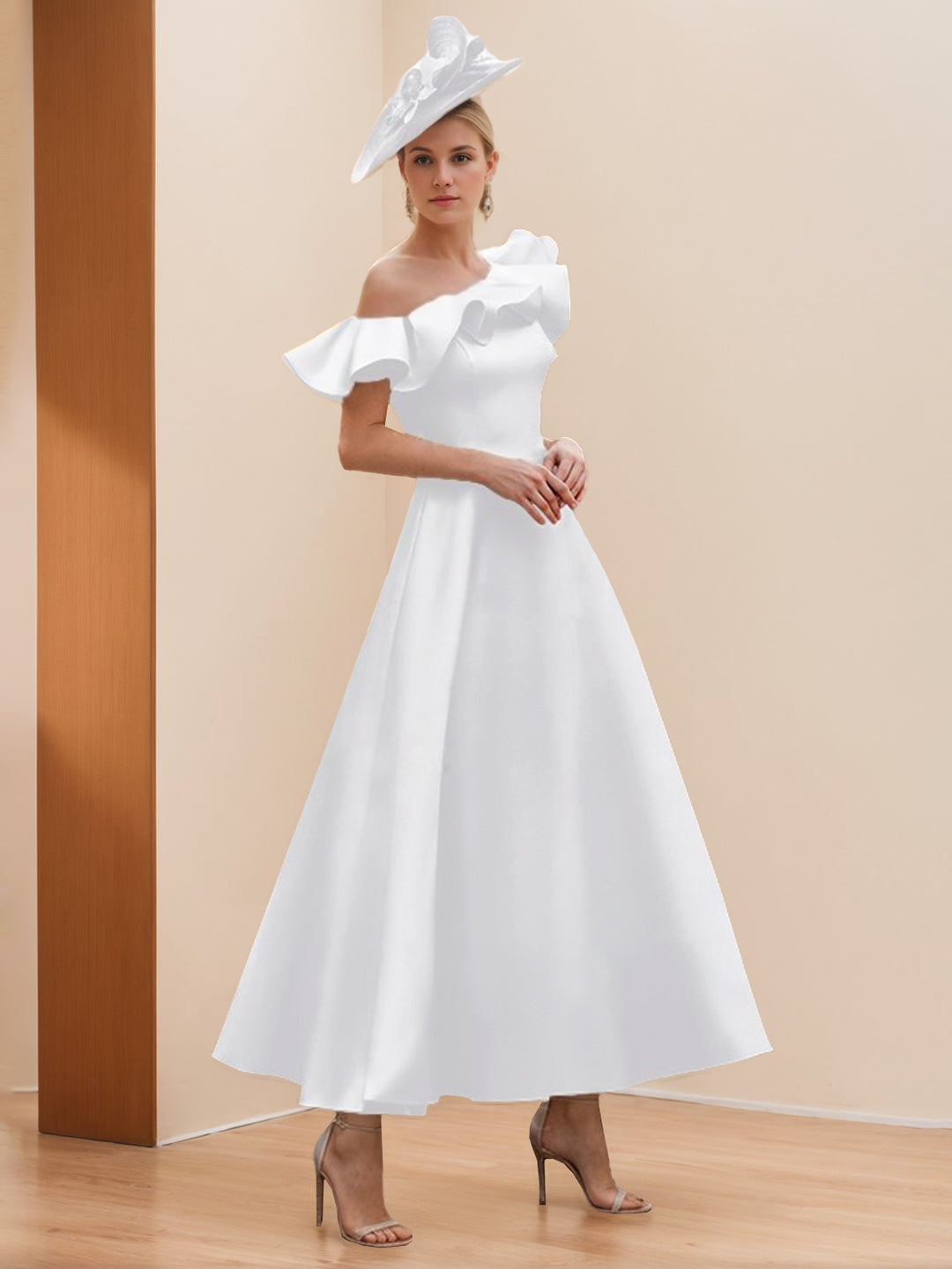 A-Line/Princess One-Shoulder Short Sleeves Ankle-Length Mother of the Bride Dresses with Ruffles