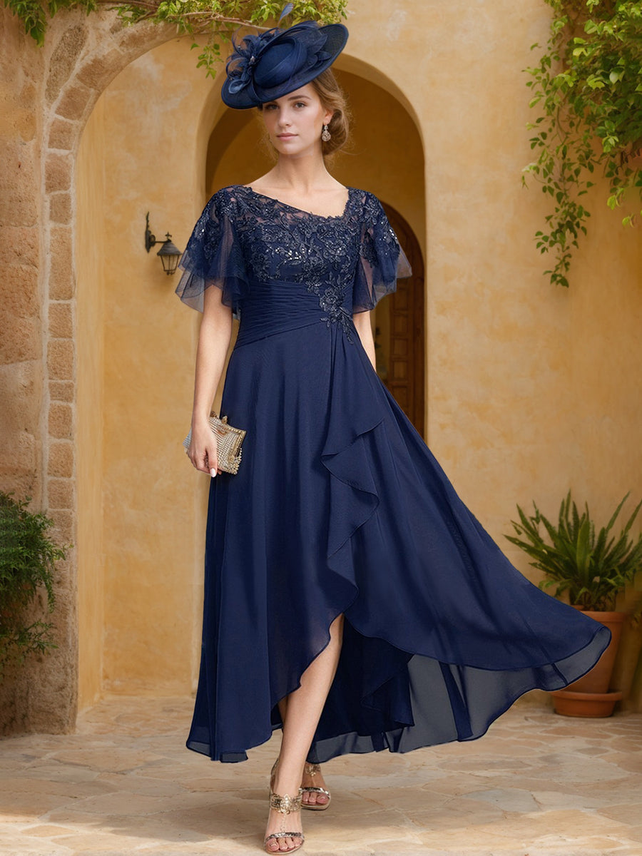Asymmetrical Mother of the Groom Dresses Navy Blue for Women A-Line Short Sleeves Wedding Guest Dress Elegant Lace Appliques Formal Dress with Ruffles