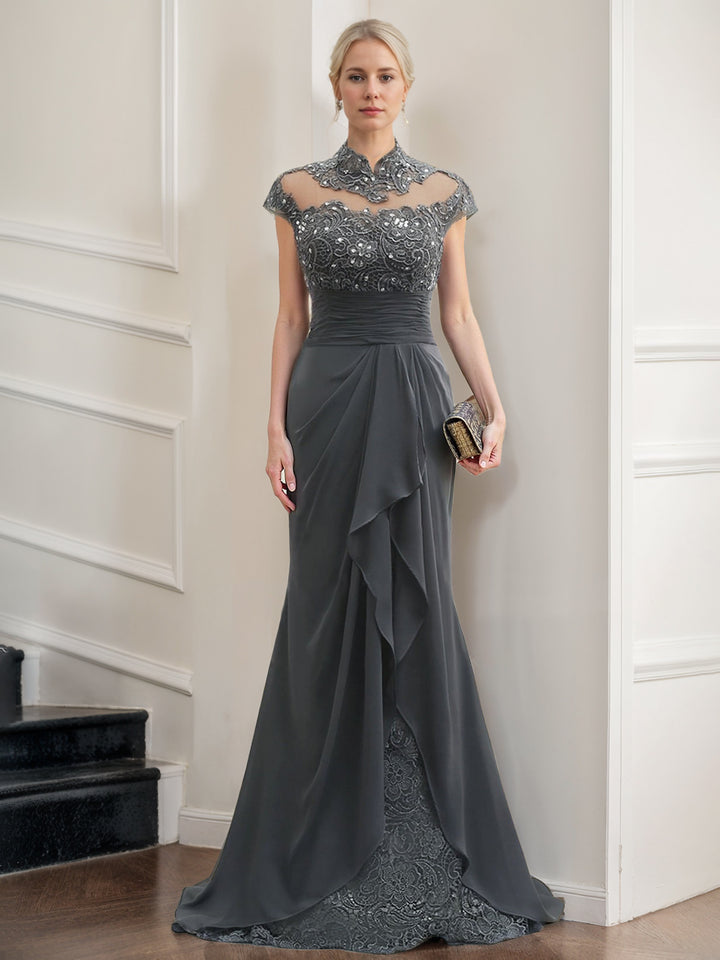 Trumpet/Mermaid High Neck Sweep Train Cap Sleeves Ruched Mother of the Bride Dresses with Ruffles & Rhinestones