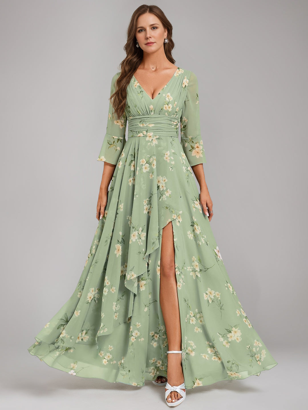 A-Line/Princess V-Neck 3/4 Sleeves Floor-Length Ruched Printed Floral Pleated Mother of the Bride Dresses with Ruffles & Slit