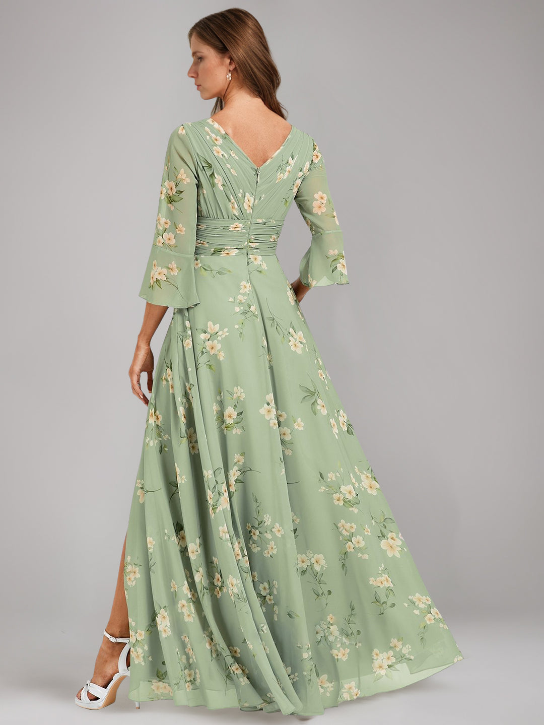 A-Line/Princess V-Neck 3/4 Sleeves Floor-Length Ruched Printed Floral Pleated Mother of the Bride Dresses with Ruffles & Slit
