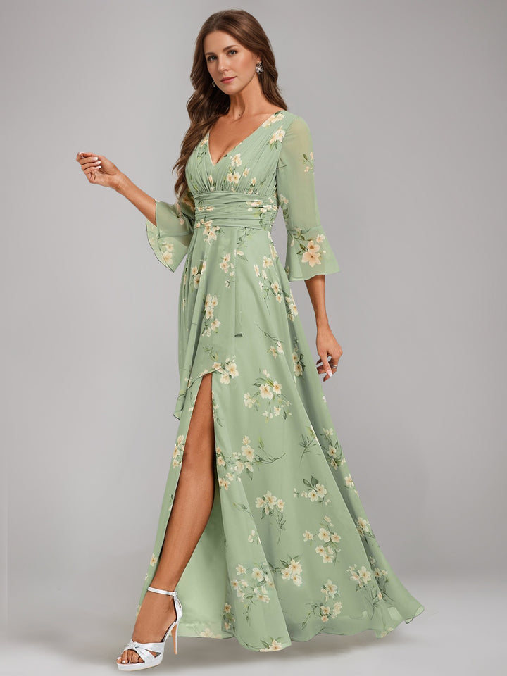 A-Line/Princess V-Neck 3/4 Sleeves Floor-Length Ruched Printed Floral Pleated Mother of the Bride Dresses with Ruffles & Slit