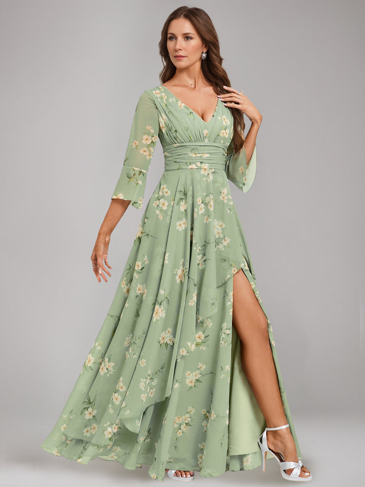 A-Line/Princess V-Neck 3/4 Sleeves Floor-Length Ruched Printed Floral Pleated Mother of the Bride Dresses with Ruffles & Slit