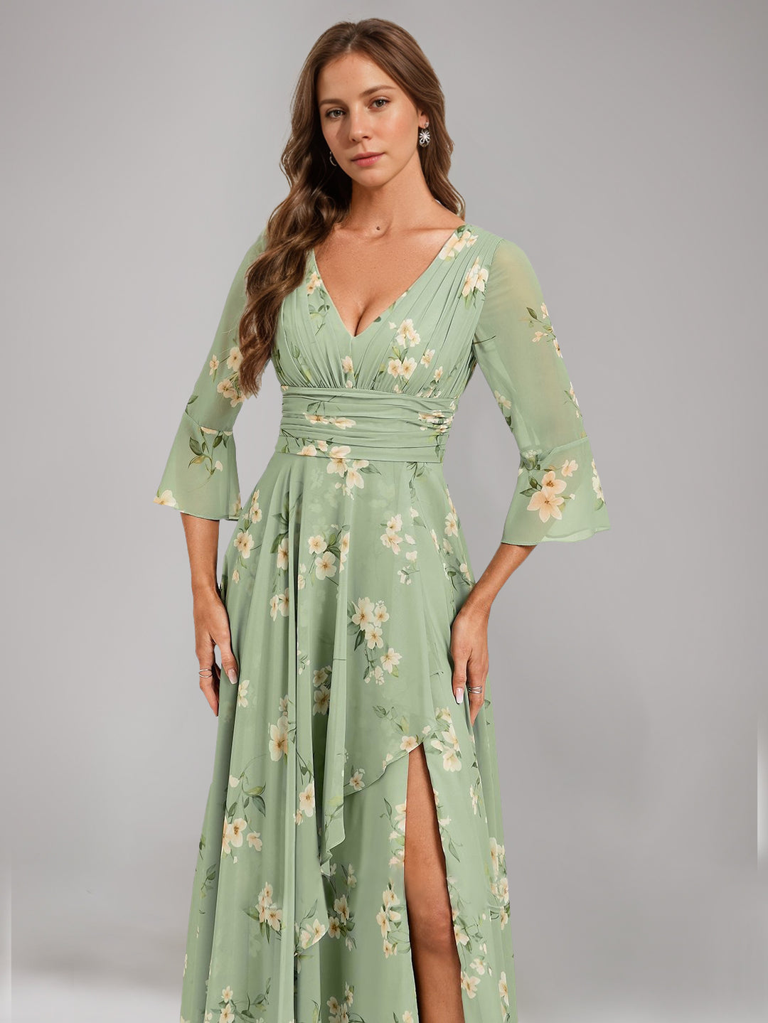 A-Line/Princess V-Neck 3/4 Sleeves Floor-Length Ruched Printed Floral Pleated Mother of the Bride Dresses with Ruffles & Slit