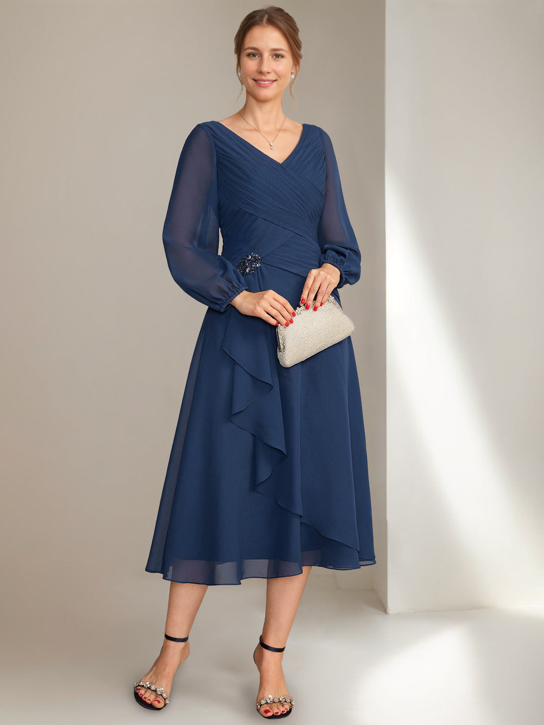 A-Line/Princess V-Neck Long Sleeves Tea-Length Ruched Mother of the Bride Dresses with Ruffles & Jewel Appliques