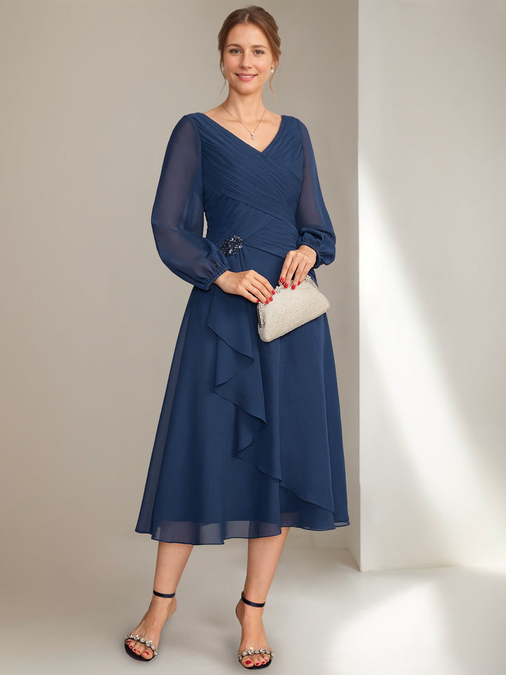 A-Line/Princess V-Neck Long Sleeves Tea-Length Ruched Mother of the Bride Dresses with Ruffles & Jewel Appliques