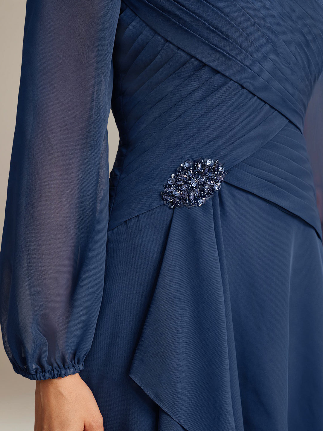 A-Line/Princess V-Neck Long Sleeves Tea-Length Ruched Mother of the Bride Dresses with Ruffles & Jewel Appliques