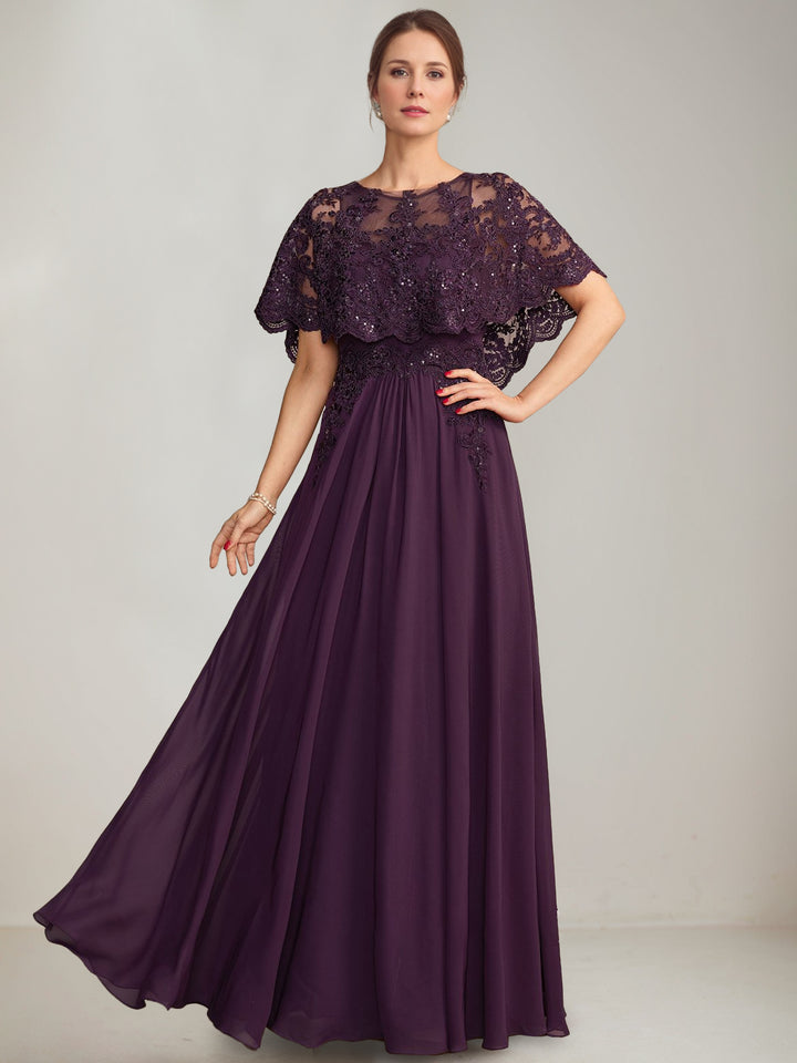 A-Line/Princess Scoop Cape Sleeves Floor-Length Pleated Mother of the Bride Dresses with Lace Appliques & Sequins
