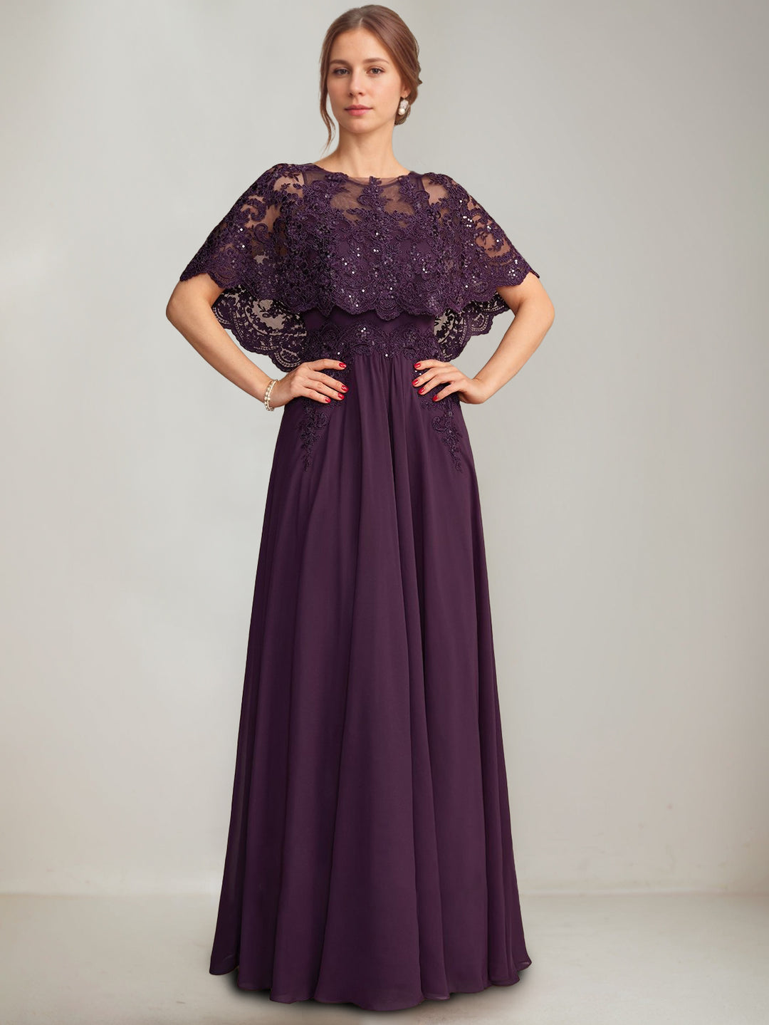A-Line/Princess Scoop Cape Sleeves Floor-Length Pleated Mother of the Bride Dresses with Lace Appliques & Sequins
