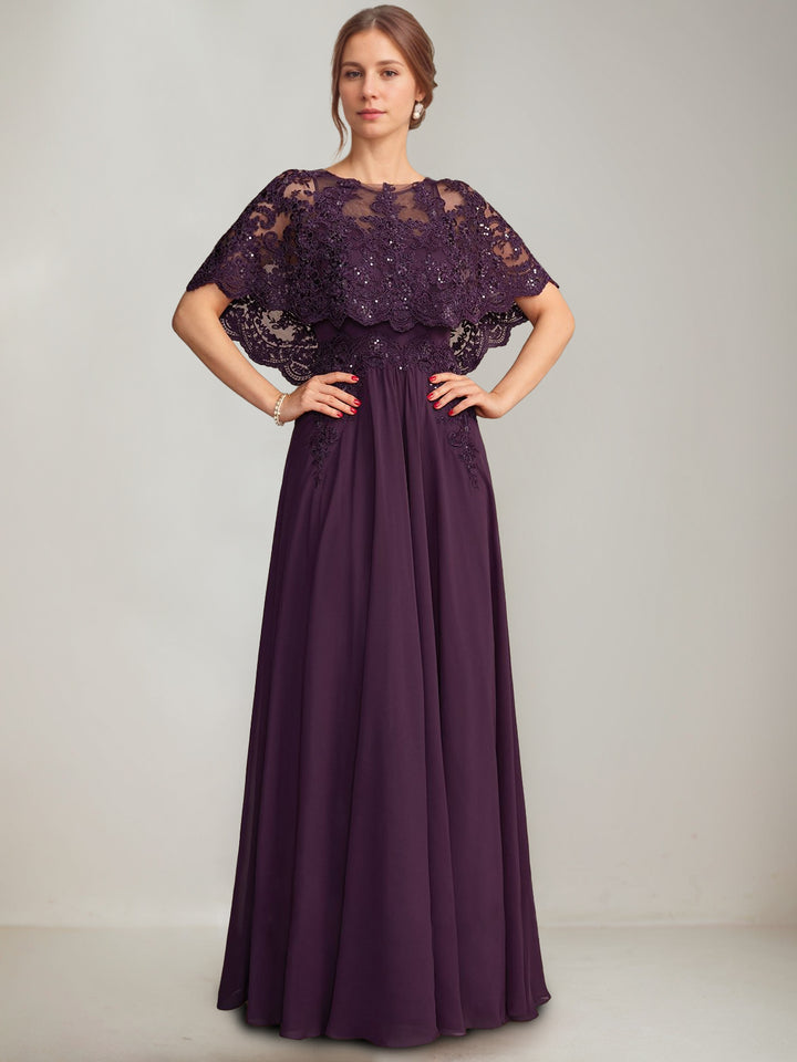 A-Line/Princess Scoop Cape Sleeves Floor-Length Pleated Mother of the Bride Dresses with Lace Appliques & Sequins
