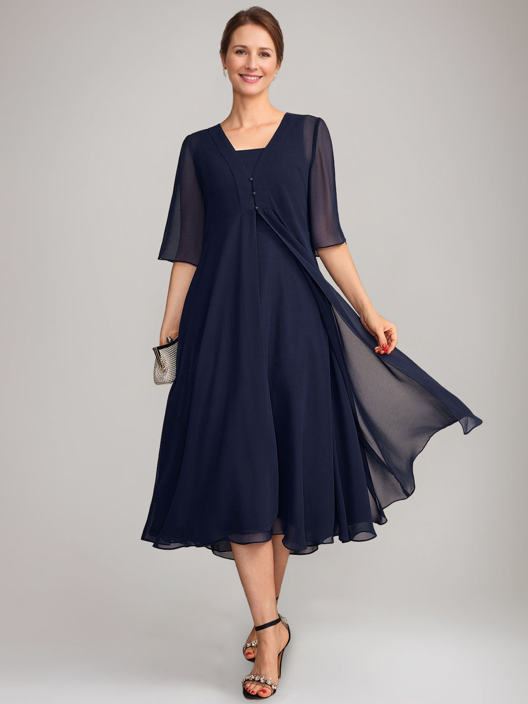 Navy Blue Elegant Formal Wedding Guest Dresses 2026 Women's A-Line/Princess Square Neck Sleeveless Tea-Length Mother of the Groom Dress, As Pic Navy Blue Elegant Formal Wedding Guest Dresses 2026 Women's A-Line/Princess Square Neck Sleeveless Tea-Length Mother of the Groom Dress, As Pic