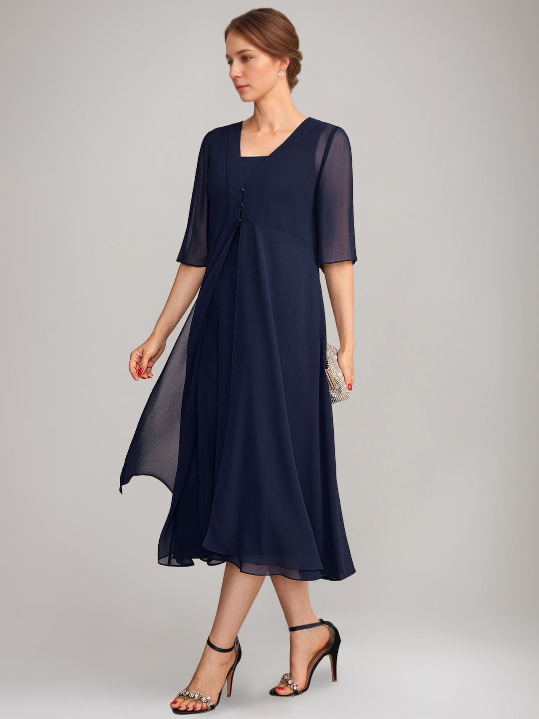 A-Line/Princess Square Neck Sleeveless Tea-Length Mother of the Bride Dresses with Long Jacket