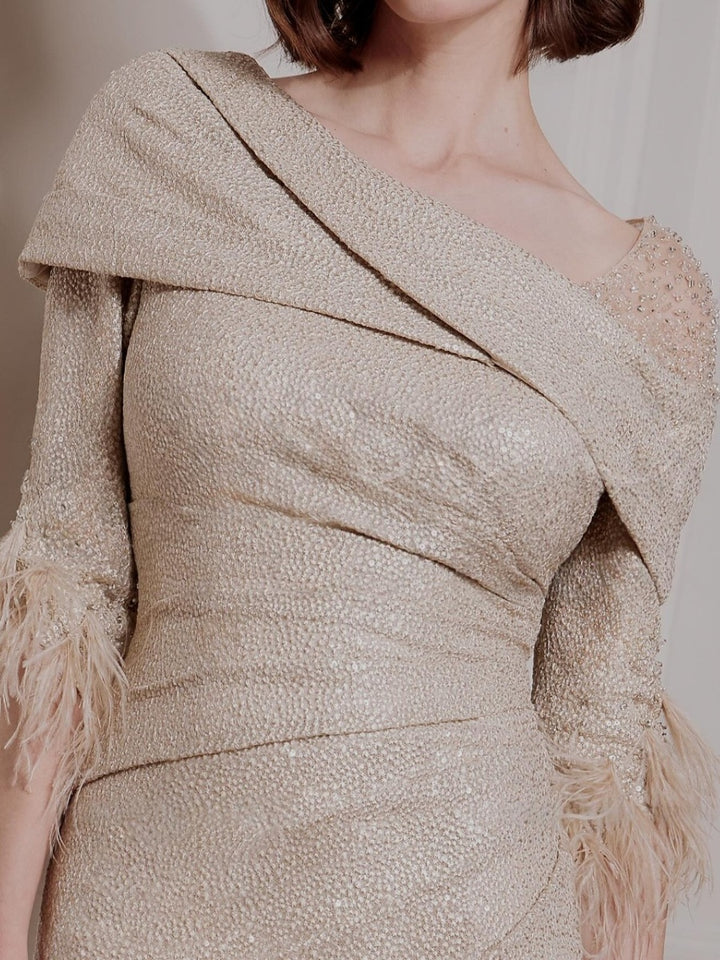 Sheath/Column One-Shoulder Half Sleeves Tea-Length Mother of the Bride Dresses with Feather