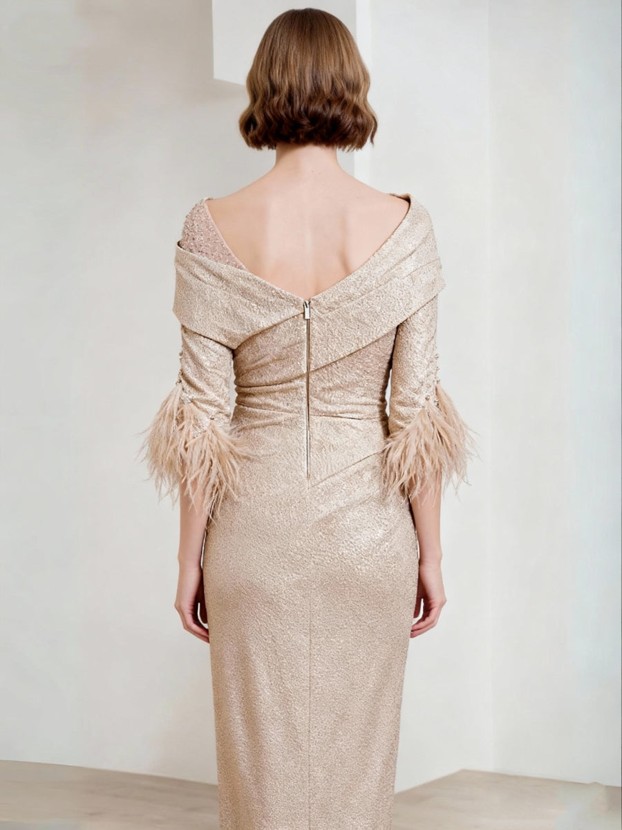 Sheath/Column One-Shoulder Half Sleeves Tea-Length Mother of the Bride Dresses with Feather