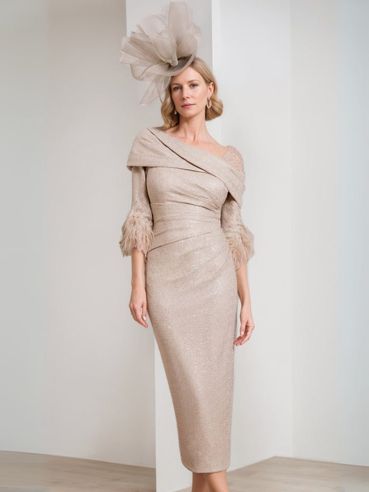 Sheath/Column One-Shoulder Half Sleeves Tea-Length Mother of the Bride Dresses with Feather