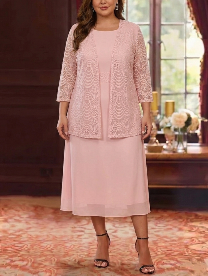 A-Line/Princess Jewel Neck Plus Size Mother of the Bride Dresses with Jacket & Lace Chiffon Tea Length 3/4 Sleeves