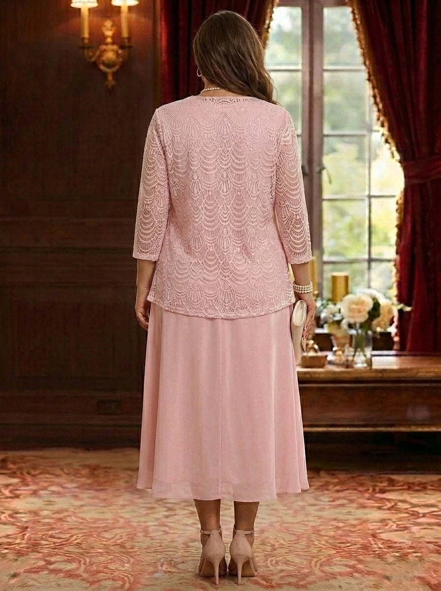 A-Line/Princess Jewel Neck Plus Size Mother of the Bride Dresses with Jacket & Lace Chiffon Tea Length 3/4 Sleeves