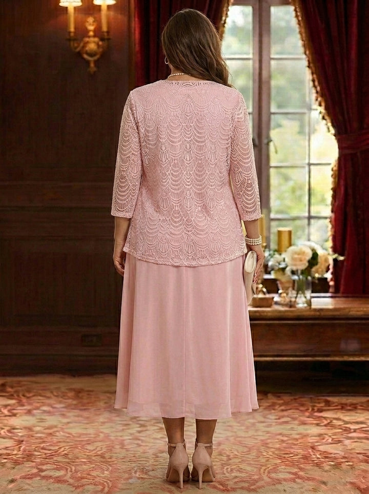 A-Line/Princess Jewel Neck Plus Size Mother of the Bride Dresses with Jacket & Lace Chiffon Tea Length 3/4 Sleeves