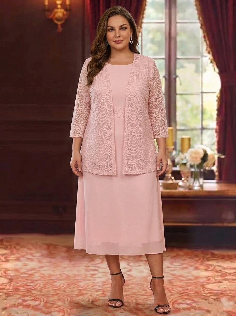A-Line/Princess Jewel Neck Plus Size Mother of the Bride Dresses with Jacket & Lace Chiffon Tea Length 3/4 Sleeves