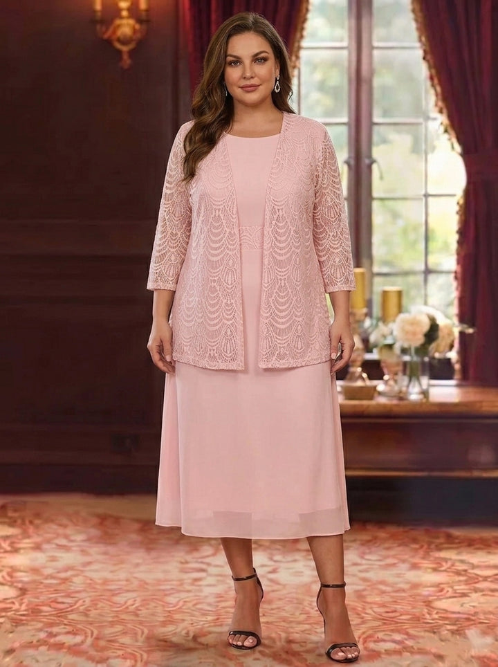 A-Line/Princess Jewel Neck Plus Size Mother of the Bride Dresses with Jacket & Lace Chiffon Tea Length 3/4 Sleeves