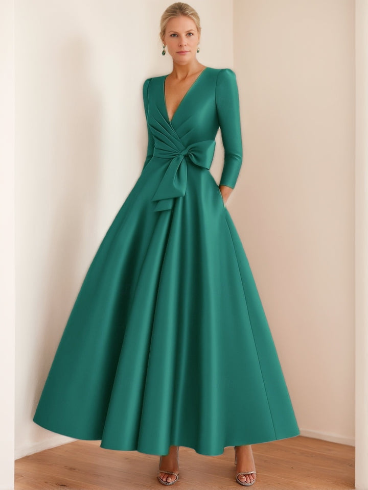 A-Line/Princess V-Neck 3/4 Sleeves Ruched Floor-Length Pleated Mother of the Bride Dresses with Bow