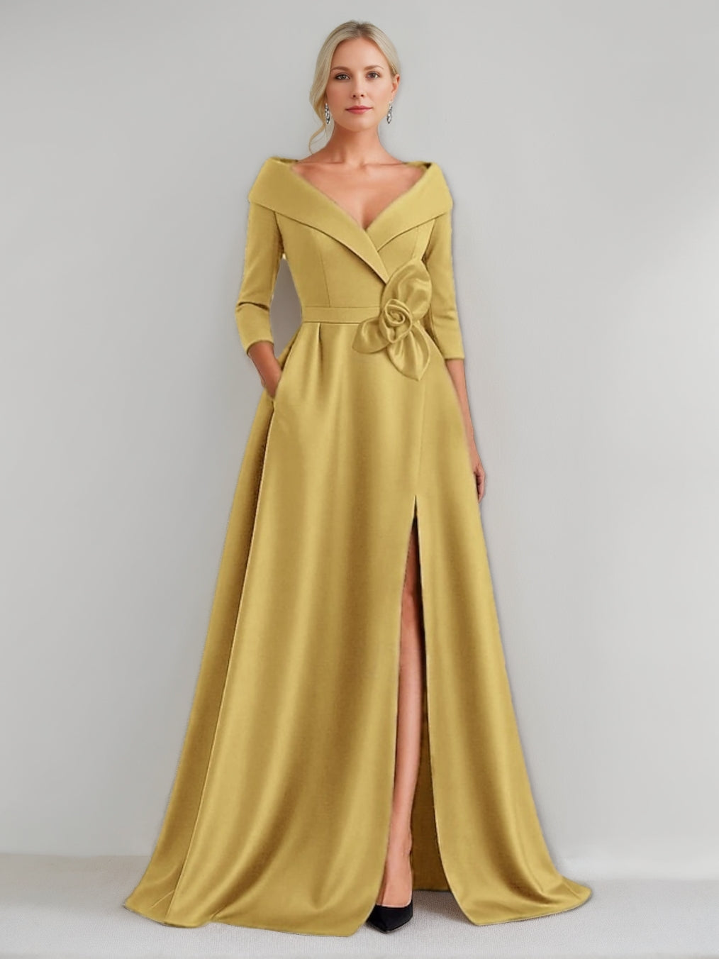 A-Line/Princess V-Neck 3/4 Sleeves Floor-Length Mother of the Bride Dresses with 3D Flowers & Pocket & Slit