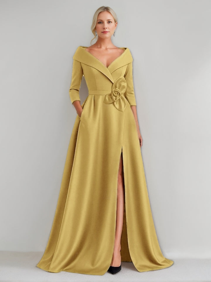 A-Line/Princess V-Neck 3/4 Sleeves Floor-Length Mother of the Bride Dresses with 3D Flowers & Pocket & Slit