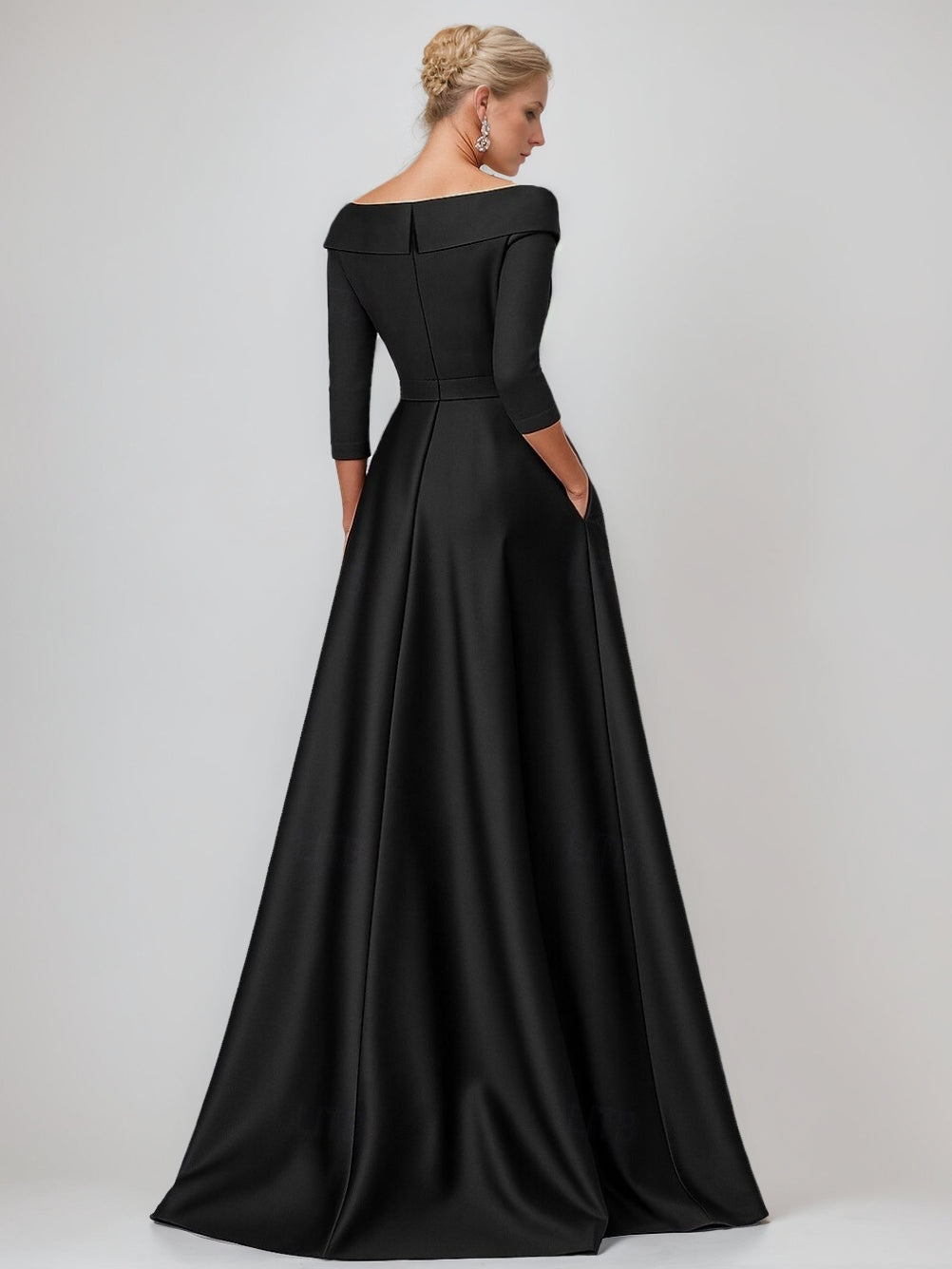 A-Line/Princess V-Neck 3/4 Sleeves Floor-Length Mother of the Bride Dresses with 3D Flowers & Pocket & Slit