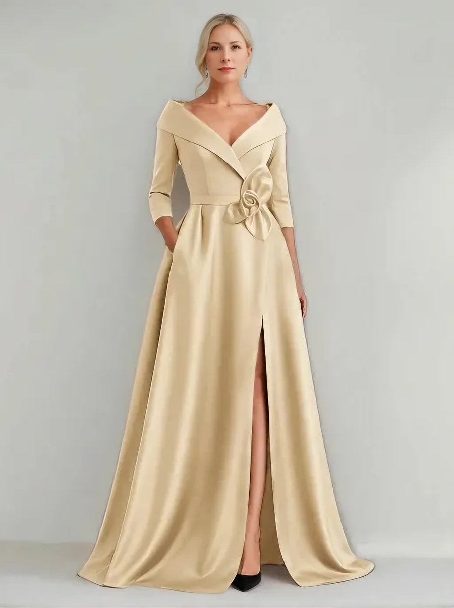 A-Line/Princess V-Neck 3/4 Sleeves Floor-Length Mother of the Bride Dresses with 3D Flowers & Pocket & Slit