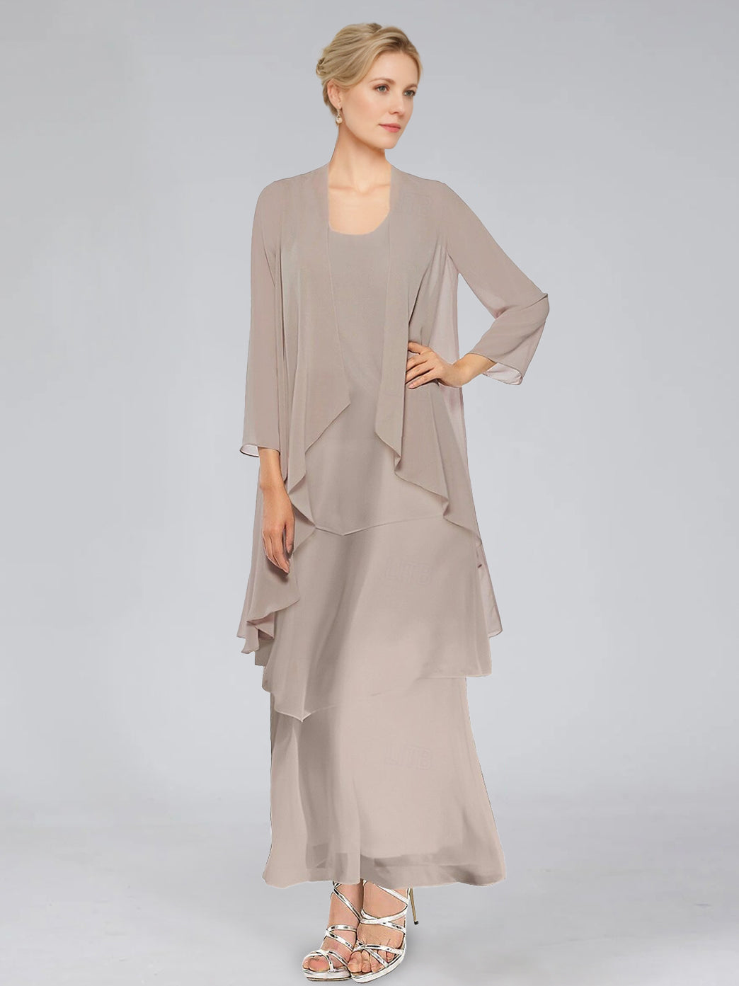 Sheath/Column Tiered Scoop Sleeveless Ankle-Length Mother of the Bride Dresses with Jacket & Ruffles