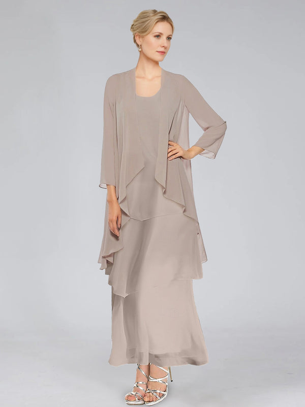 Sheath/Column Tiered Scoop Sleeveless Ankle-Length Mother of the Bride Dresses with Jacket & Ruffles