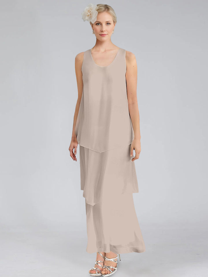 Sheath/Column Tiered Scoop Sleeveless Ankle-Length Mother of the Bride Dresses with Jacket & Ruffles