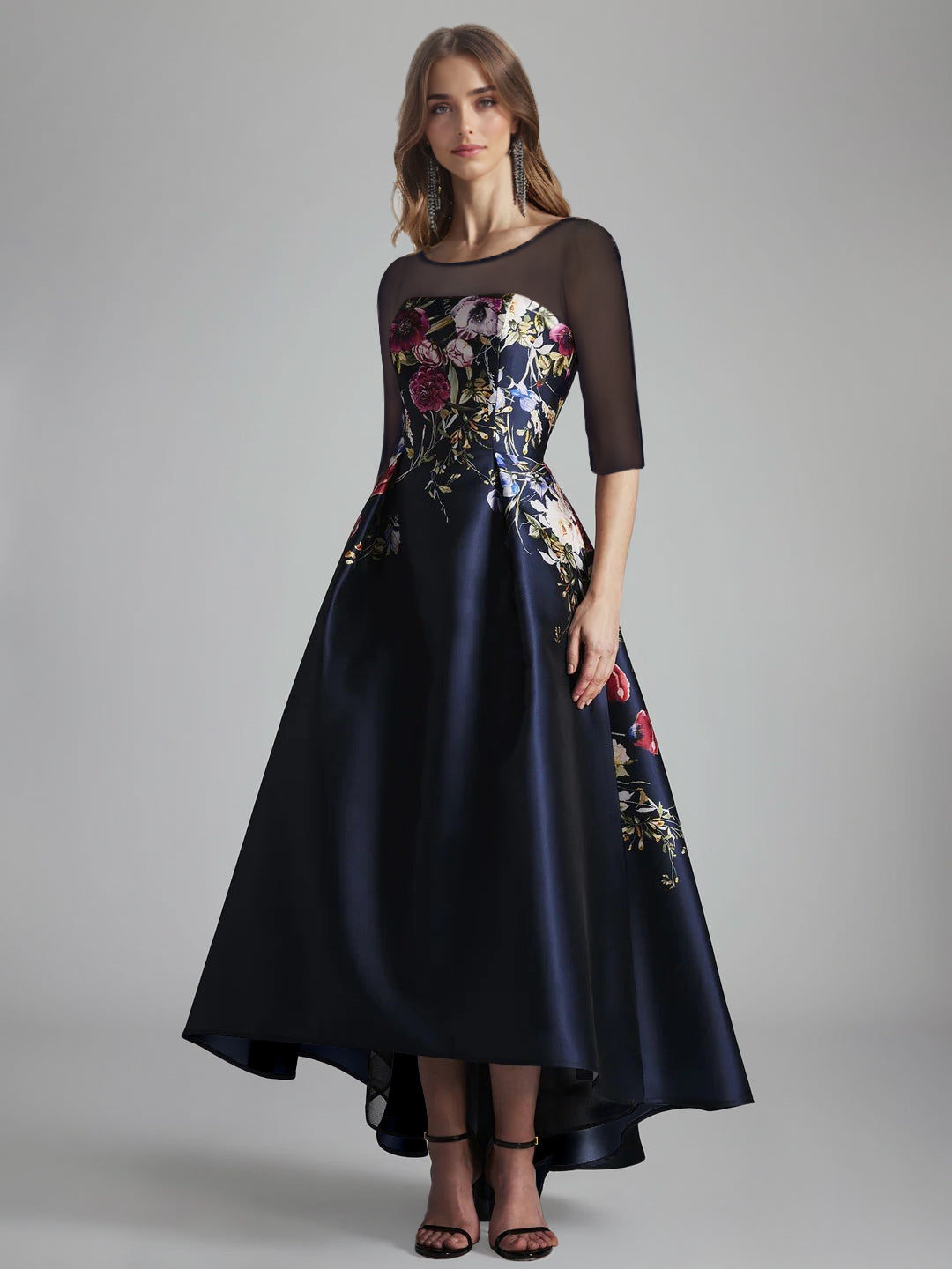 A-Line/Princess Scoop Half Sleeves Asymmetrical Printed Floral Pleated Mother of the Bride Dresses with Tulle