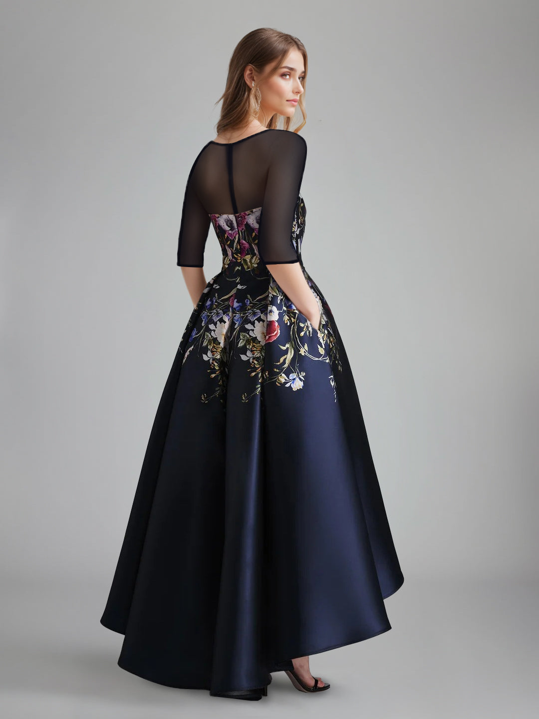 A-Line/Princess Scoop Half Sleeves Asymmetrical Printed Floral Pleated Mother of the Bride Dresses with Tulle