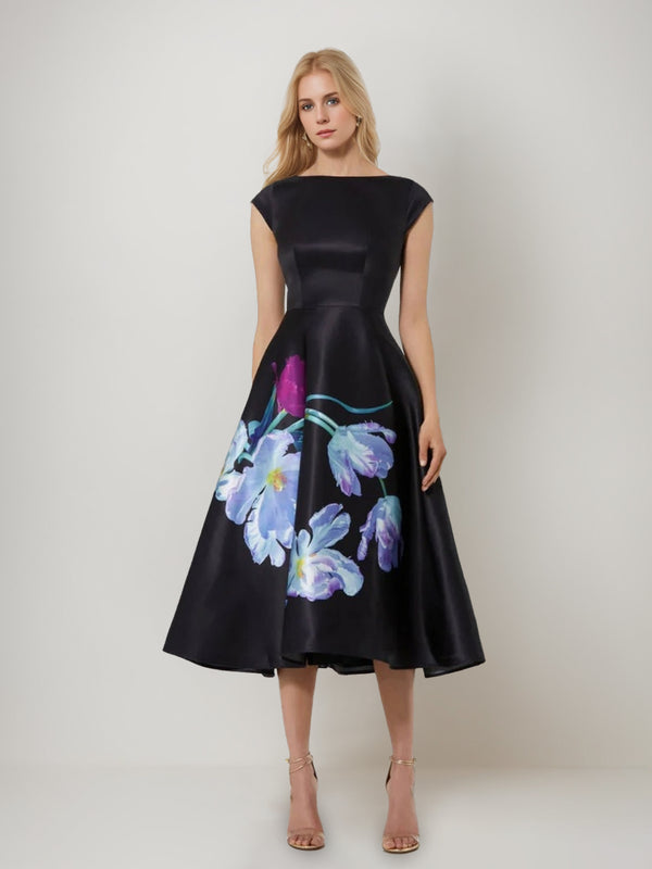 A-Line/Princess Boat Neck Cap Sleeves Tea-Length Printed Floral Pleated Mother of the Bride Dresses